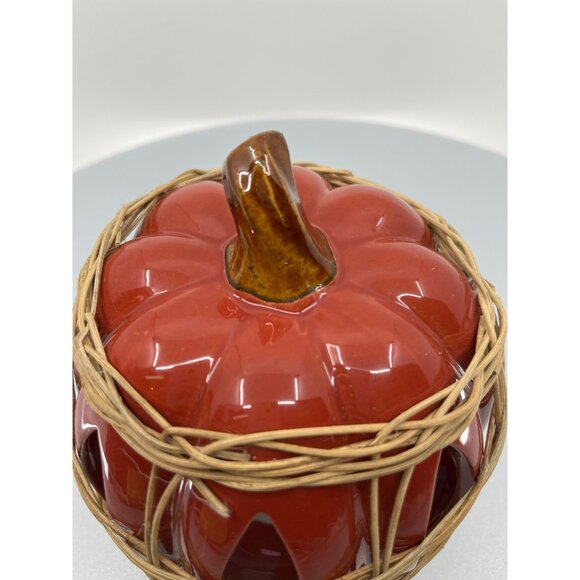 Ceramic Pumpkin Candle Holder With Rustic Wicker Detailing - Picture 7 of 13